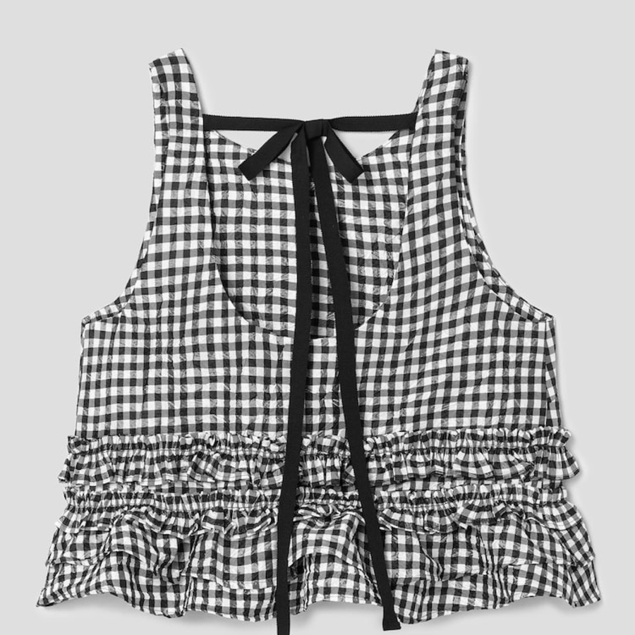 GANNI Crinkled Taffeta Check Open Back Frill Top – Black