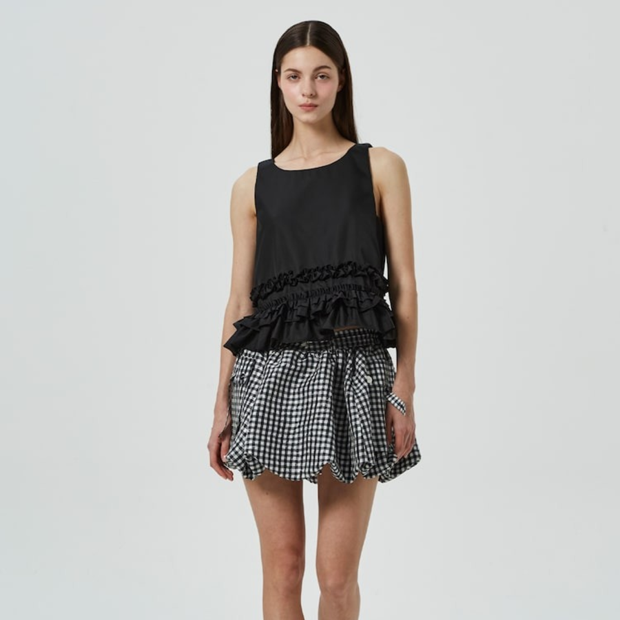 GANNI Duchesse Nylon Open Back Frill Top – Black