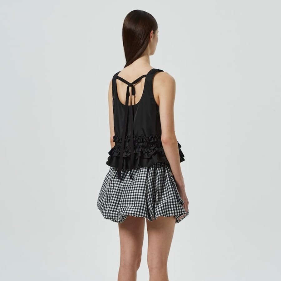 GANNI Duchesse Nylon Open Back Frill Top – Black