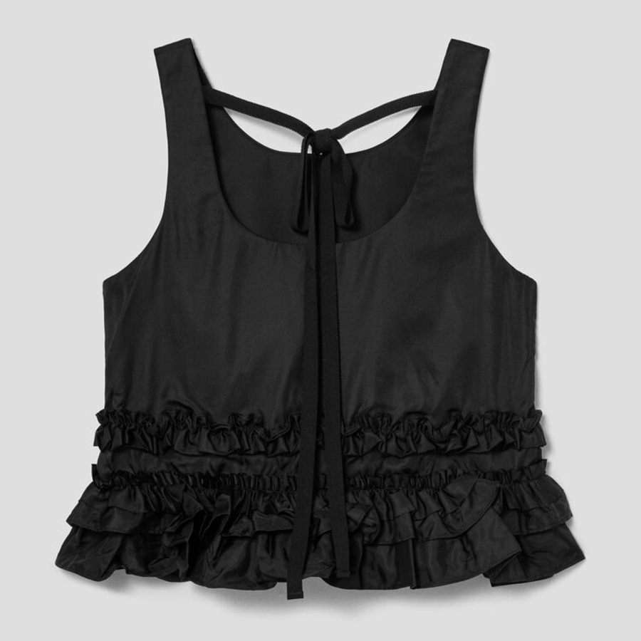 GANNI Duchesse Nylon Open Back Frill Top – Black