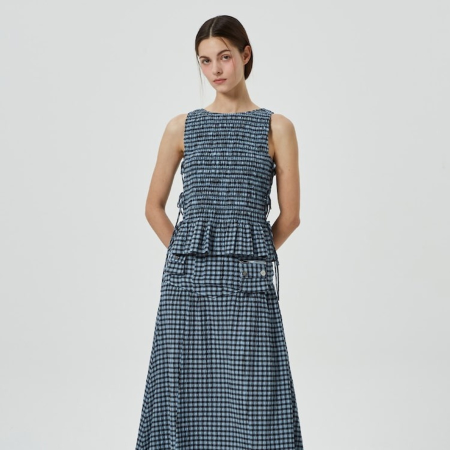 GANNI Seersucker Check Smock Tie String Top – Sky Blue