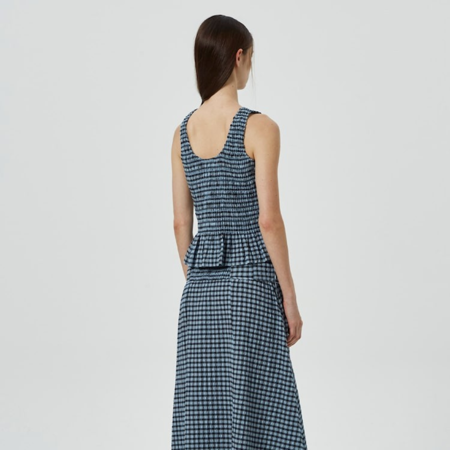 GANNI Seersucker Check Smock Tie String Top – Sky Blue