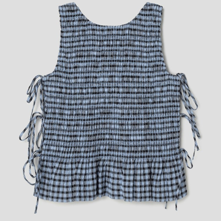GANNI Seersucker Check Smock Tie String Top – Sky Blue