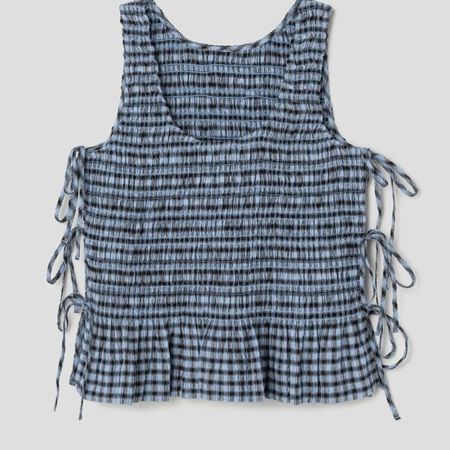 GANNI Seersucker Check Smock Tie String Top – Sky Blue