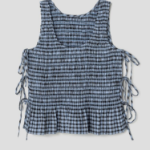 GANNI Seersucker Check Smock Tie String Top – Sky Blue
