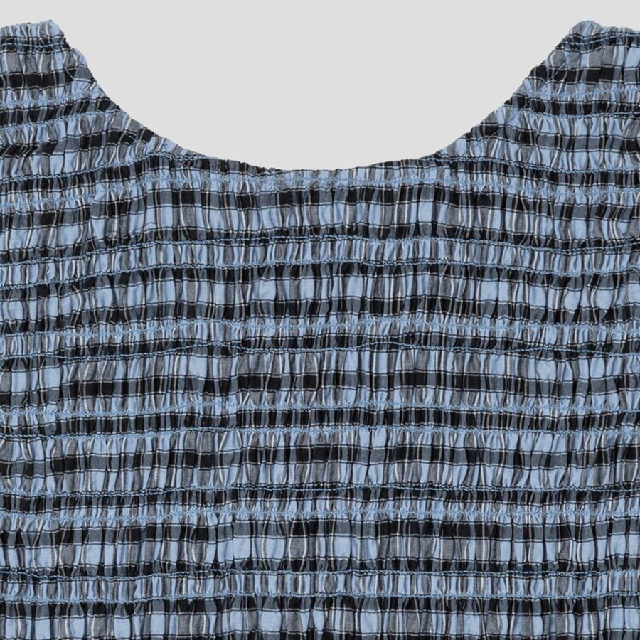 GANNI Seersucker Check Smock Tie String Top – Sky Blue