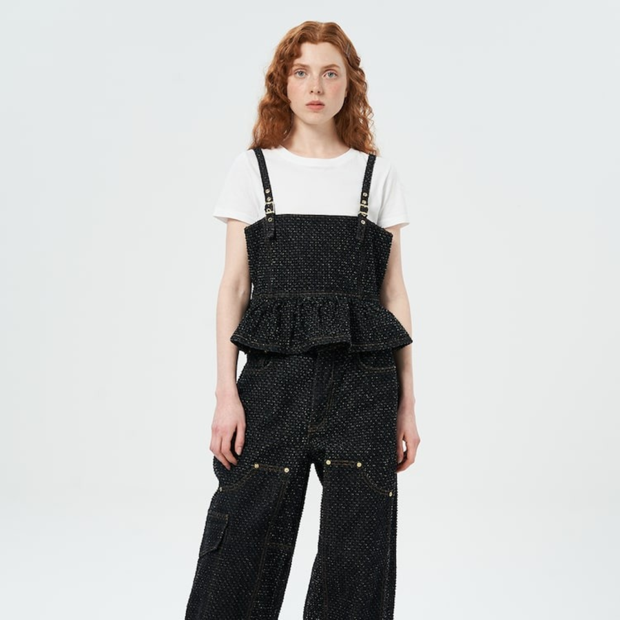 GANNI Fluffy Denim Strap Top – Black