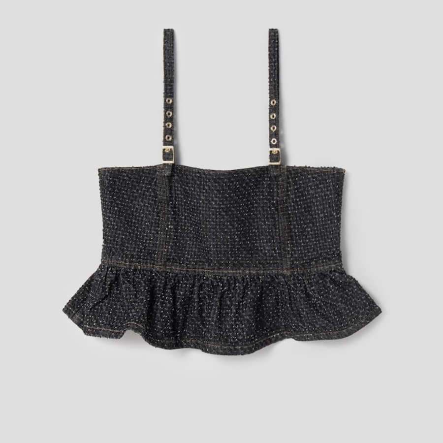 GANNI Fluffy Denim Strap Top – Black