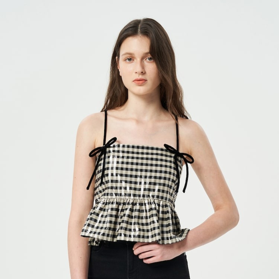 GANNI Shiny Check Jacquard Top – Lemon Icing