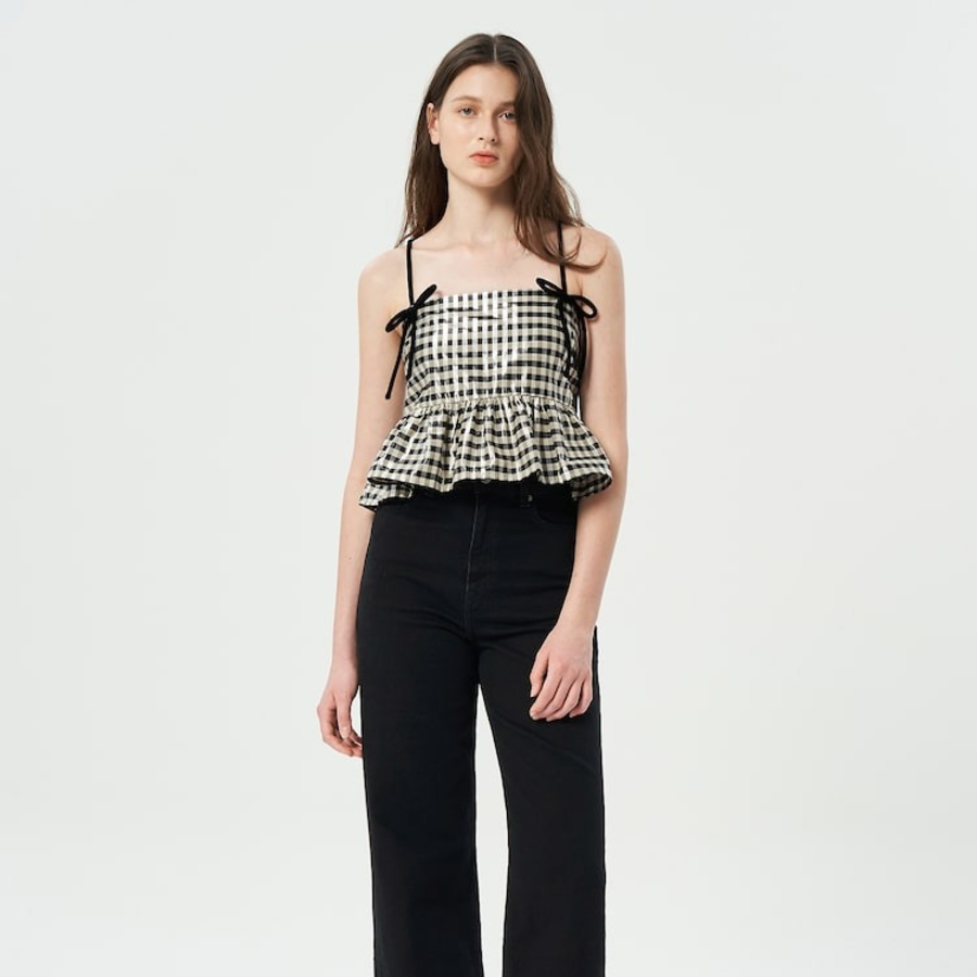 GANNI Shiny Check Jacquard Top – Lemon Icing
