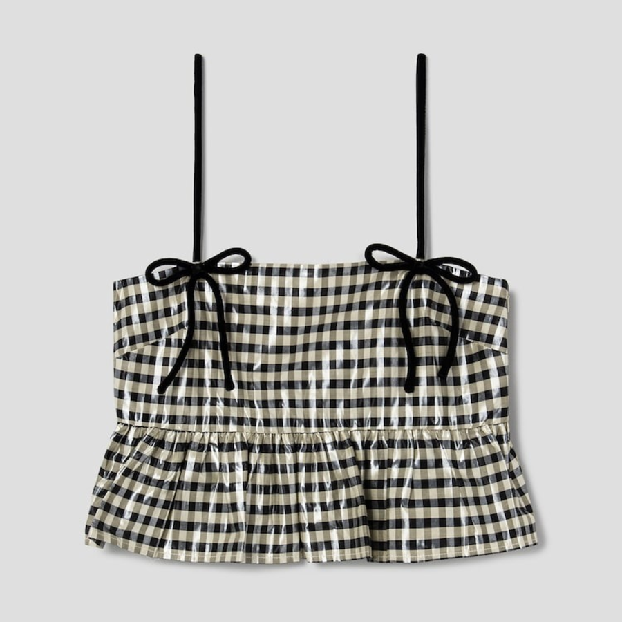 GANNI Shiny Check Jacquard Top – Lemon Icing