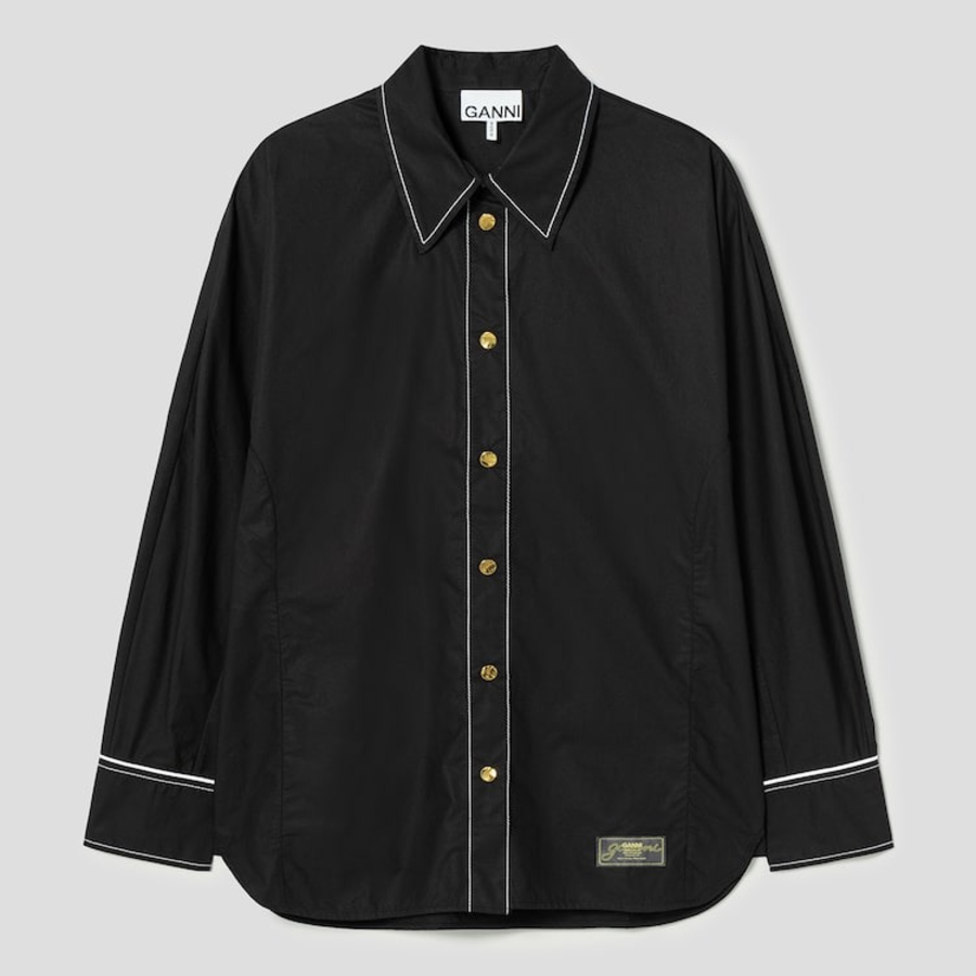 GANNI Cotton Poplin Long Sleeve Raglan Shirt - Black