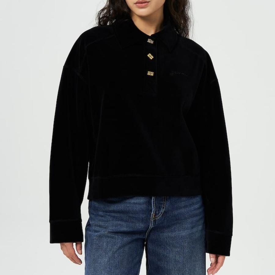 GANNI Heavy Velour Drop Shoulder Polo Shirt - Black