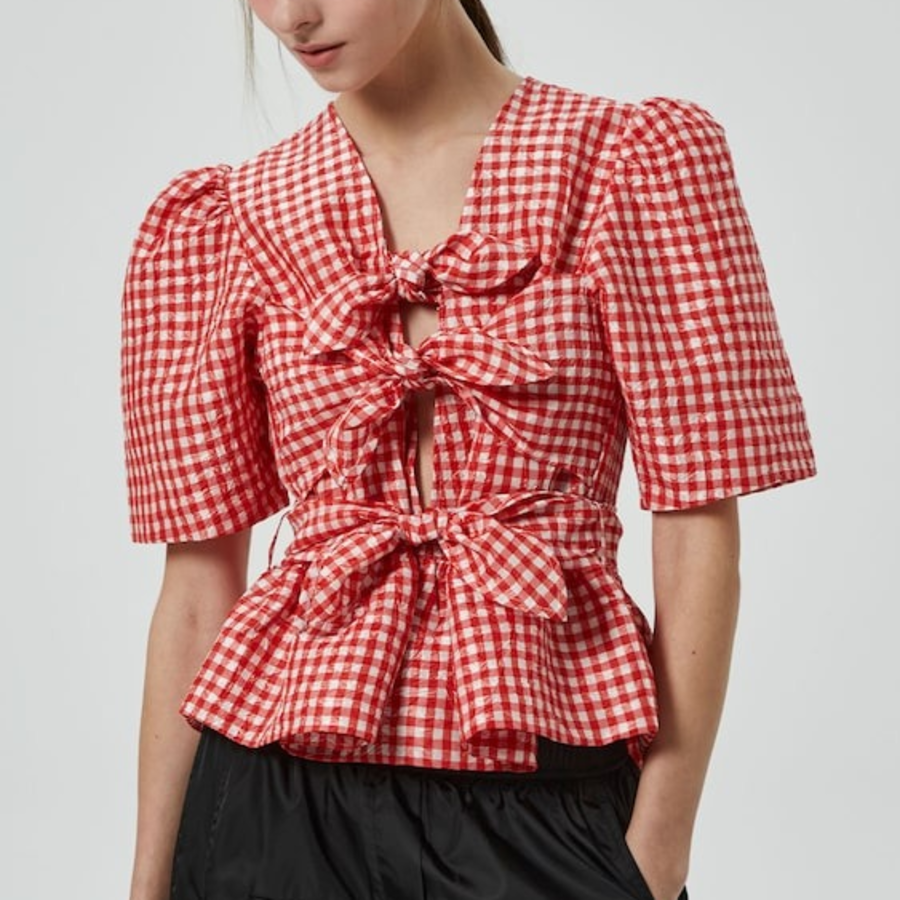GANNI Crinkled Taffeta Check Tie Strap Blouse - Red