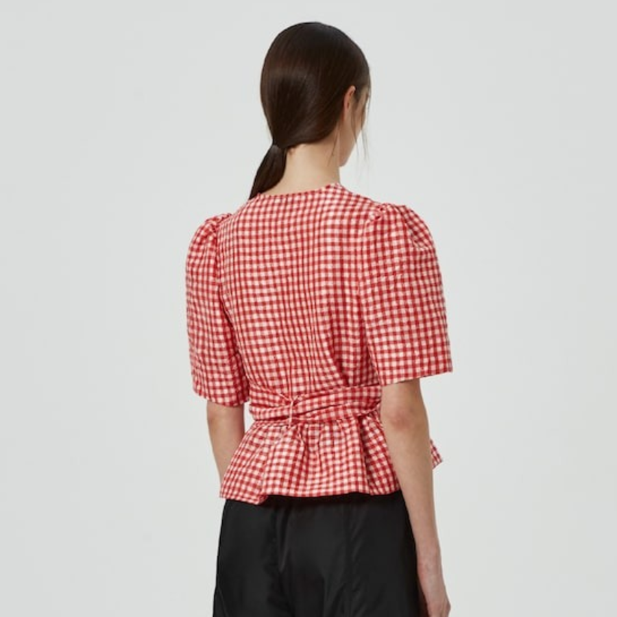 GANNI Crinkled Taffeta Check Tie Strap Blouse - Red