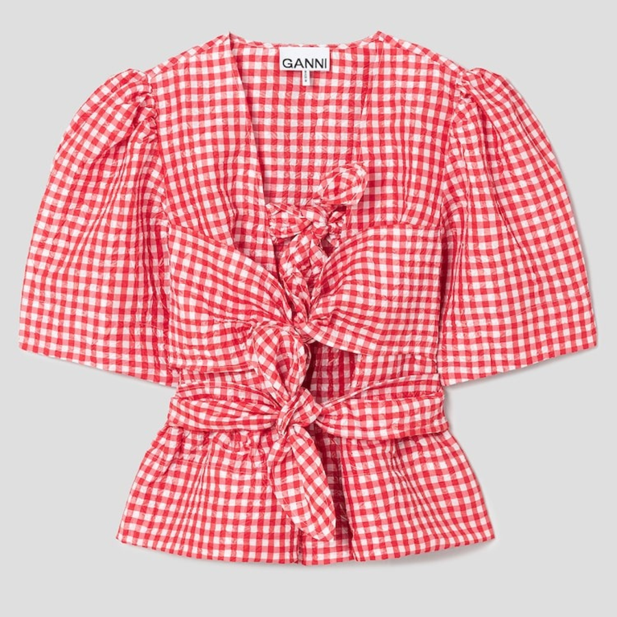 GANNI Crinkled Taffeta Check Tie Strap Blouse - Red