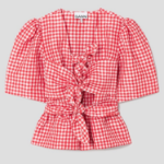 GANNI Crinkled Taffeta Check Tie Strap Blouse - Red