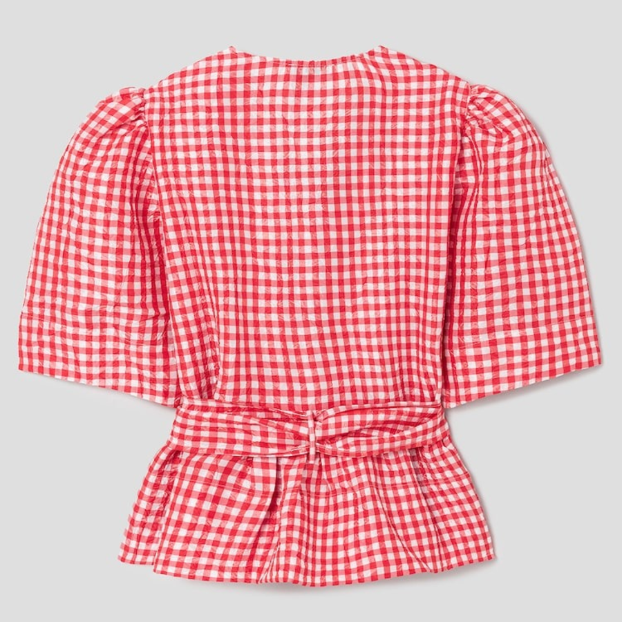 GANNI Crinkled Taffeta Check Tie Strap Blouse - Red