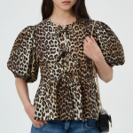 GANNI Printed Cotton Poplin Peplum Blouse - Leopard