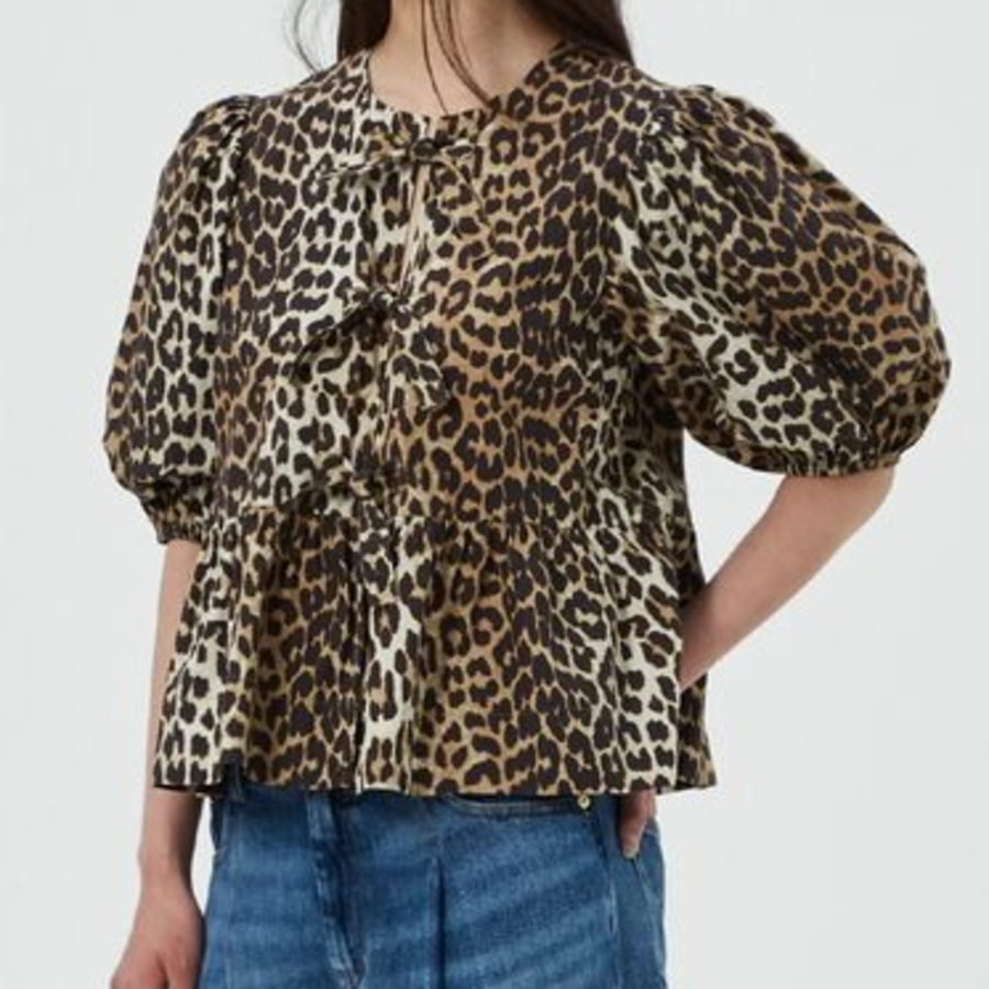 GANNI Printed Cotton Poplin Peplum Blouse - Leopard
