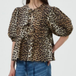 GANNI Printed Cotton Poplin Peplum Blouse - Leopard