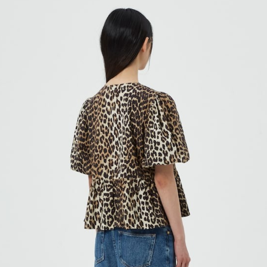 GANNI Printed Cotton Poplin Peplum Blouse - Leopard