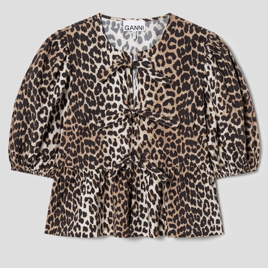 GANNI Printed Cotton Poplin Peplum Blouse - Leopard
