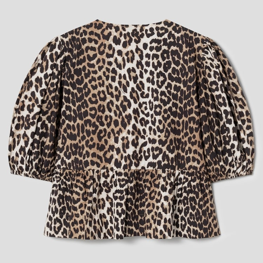 GANNI Printed Cotton Poplin Peplum Blouse - Leopard
