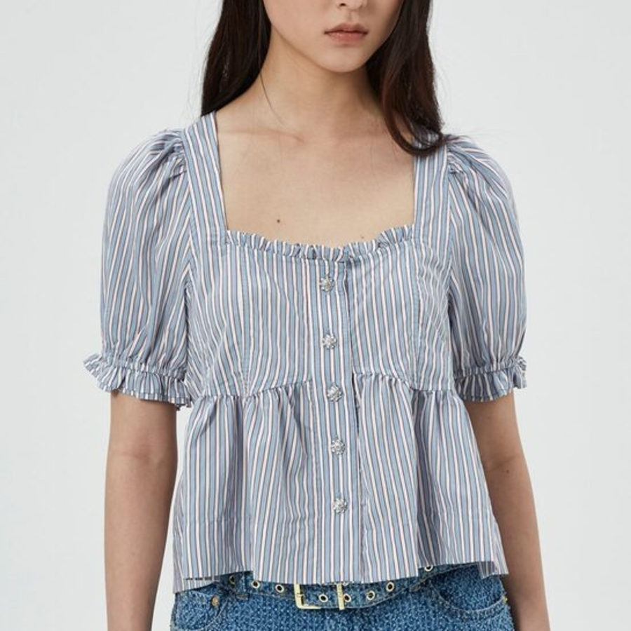 GANNI Yarn Dyed Stripe Blouse - Sky Blue