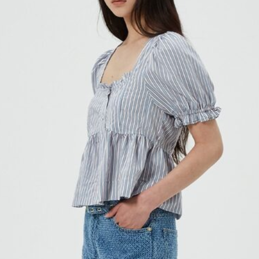 GANNI Yarn Dyed Stripe Blouse - Sky Blue