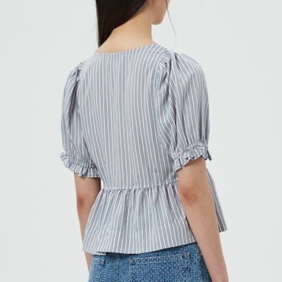 GANNI Yarn Dyed Stripe Blouse - Sky Blue