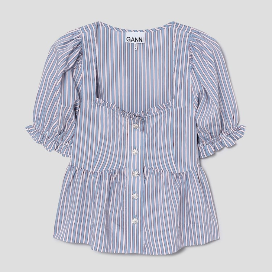 GANNI Yarn Dyed Stripe Blouse - Sky Blue