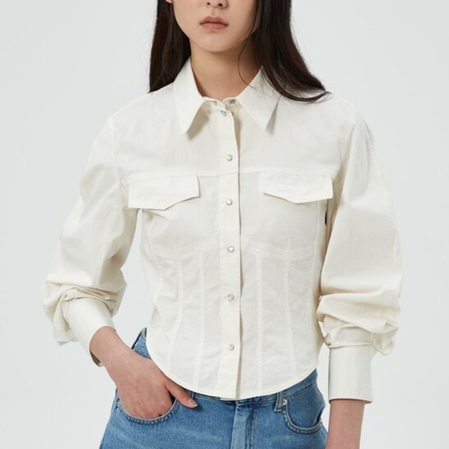 GANNI Washed Stretch Cotton Corset Shirt - Ivory