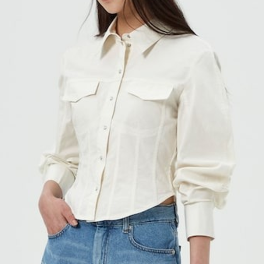 GANNI Washed Stretch Cotton Corset Shirt - Ivory
