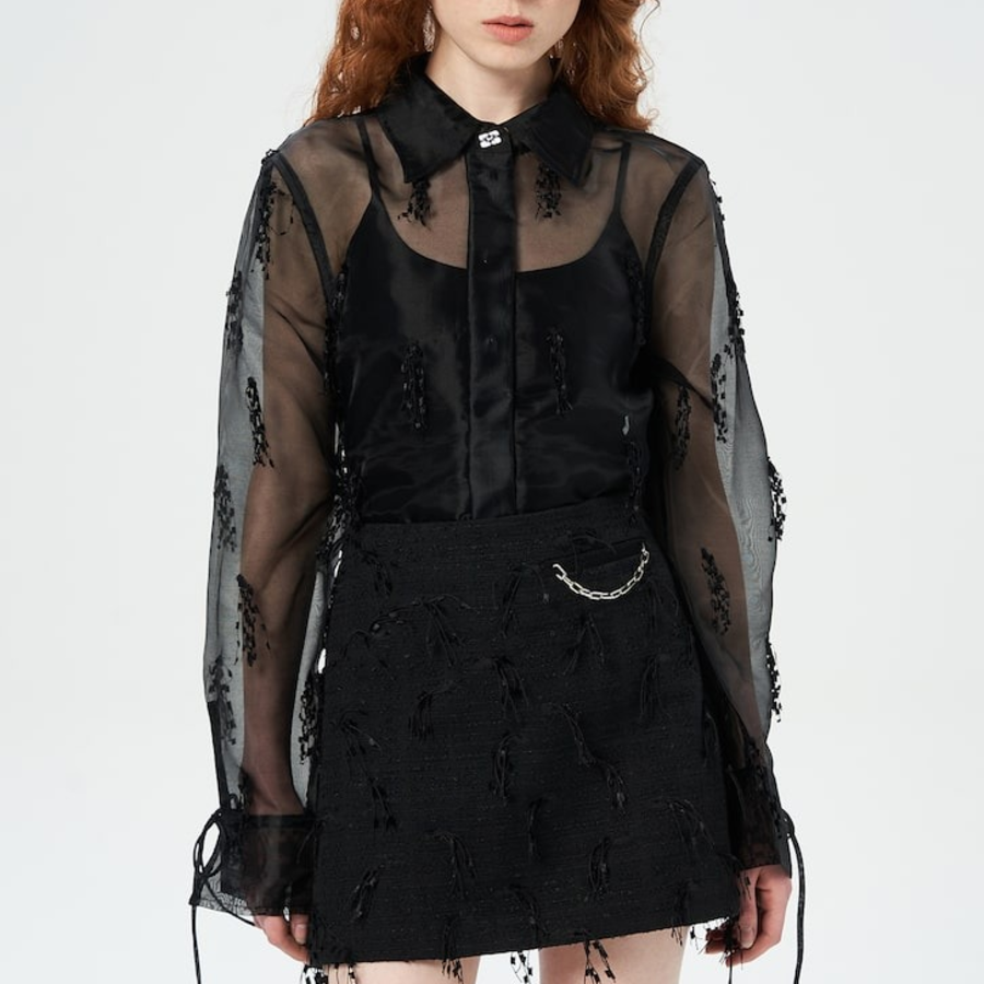GANNI Fringed Organza Shirt - Black