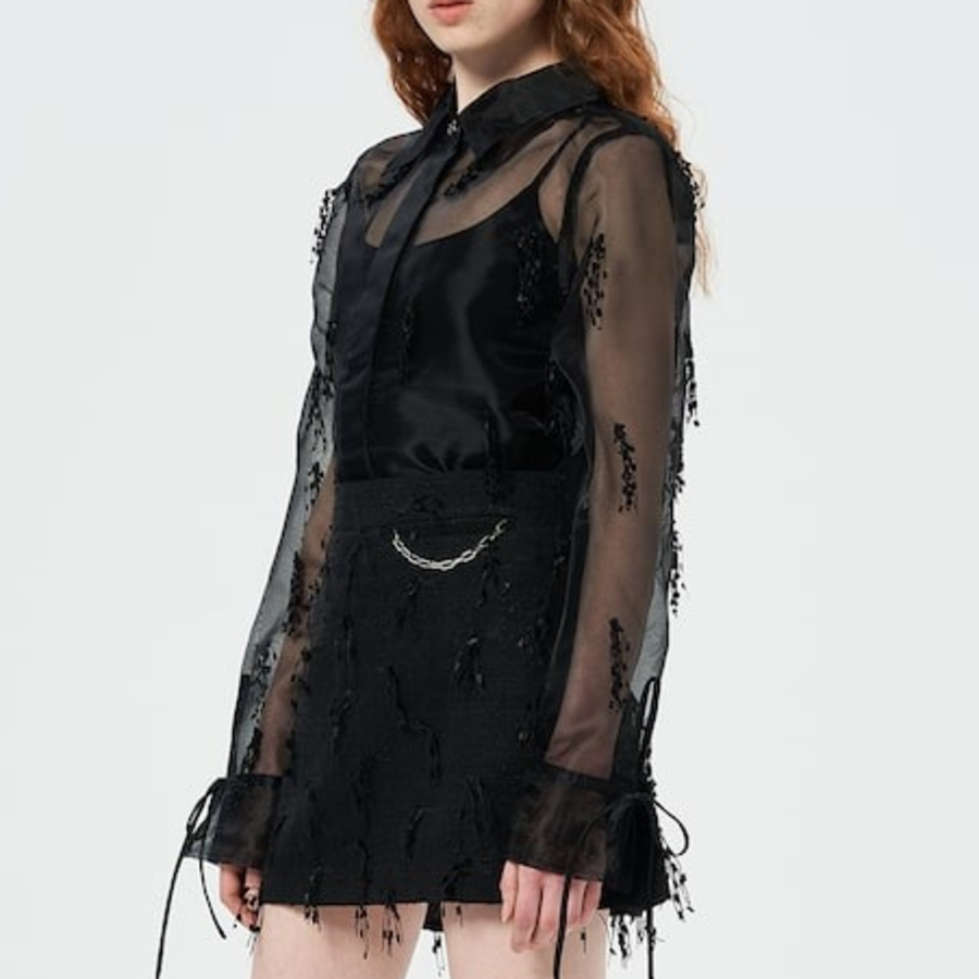 GANNI Fringed Organza Shirt - Black