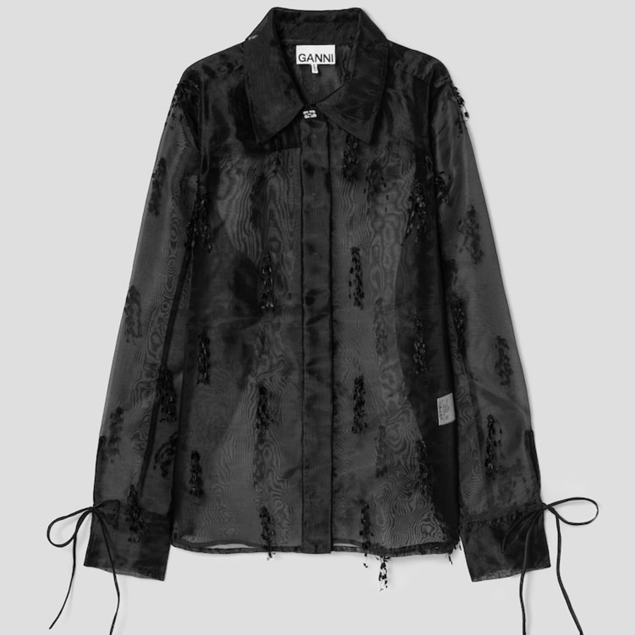 GANNI Fringed Organza Shirt - Black