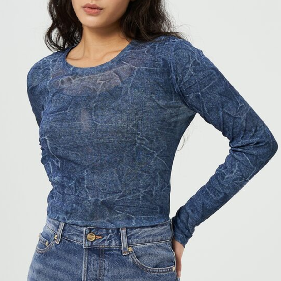 GANNI Marl Mesh Long Sleeve Crew Neck Blouse - Blue