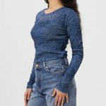 GANNI Marl Mesh Long Sleeve Crew Neck Blouse - Blue
