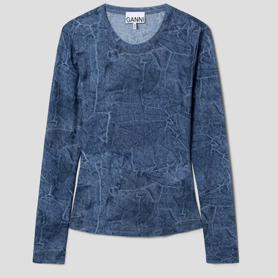 GANNI Marl Mesh Long Sleeve Crew Neck Blouse - Blue