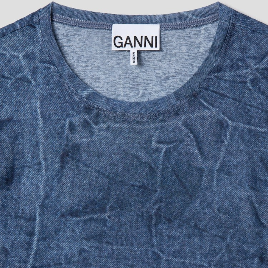 GANNI Marl Mesh Long Sleeve Crew Neck Blouse - Blue