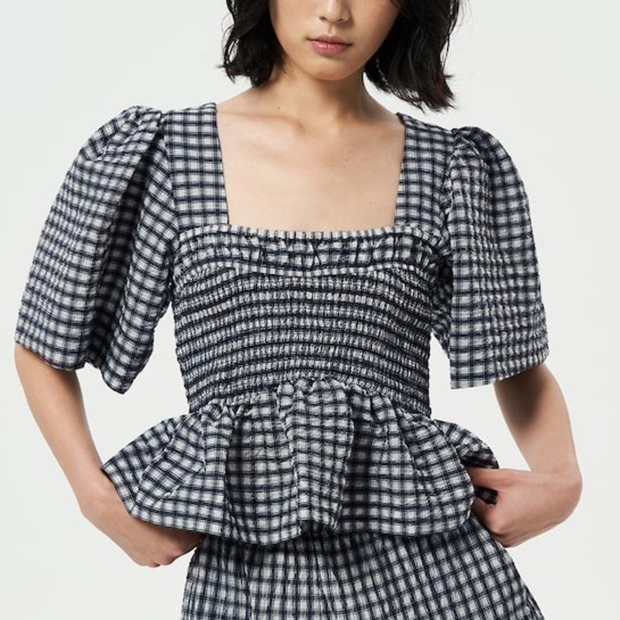 GANNI Seersucker Check Open-Neck Smock Blouse - Egret