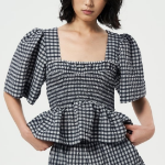 GANNI Seersucker Check Open-Neck Smock Blouse - Egret