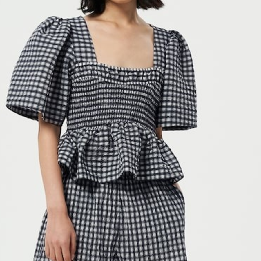 GANNI Seersucker Check Open-Neck Smock Blouse - Egret