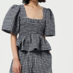 GANNI Seersucker Check Open-Neck Smock Blouse - Egret