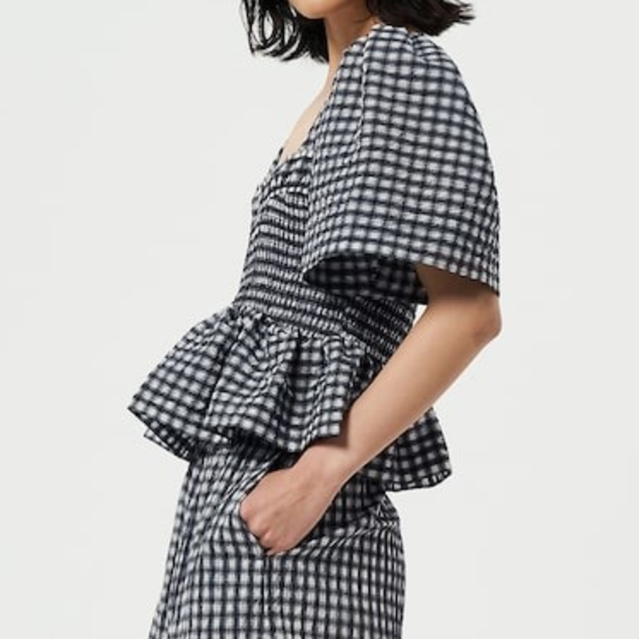 GANNI Seersucker Check Open-Neck Smock Blouse - Egret