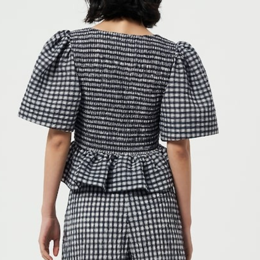 GANNI Seersucker Check Open-Neck Smock Blouse - Egret