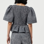 GANNI Seersucker Check Open-Neck Smock Blouse - Egret