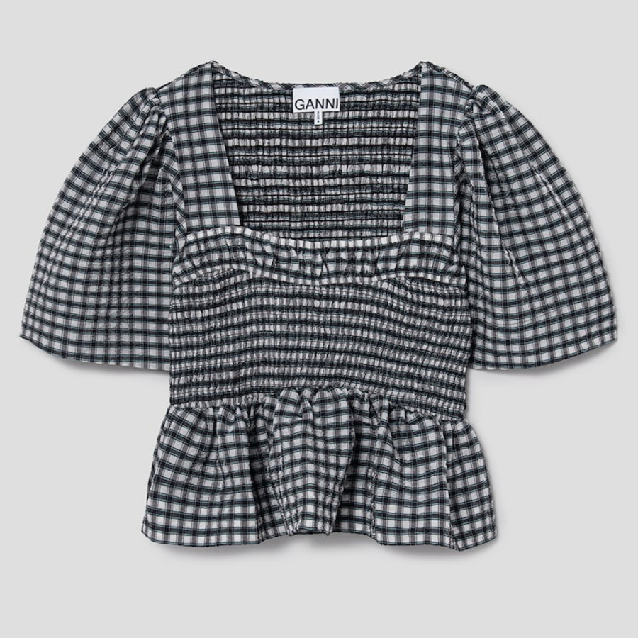 GANNI Seersucker Check Open-Neck Smock Blouse - Egret