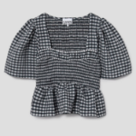 GANNI Seersucker Check Open-Neck Smock Blouse - Egret